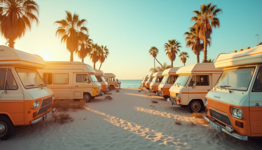 A range of campervans and motorhomes available for hire across Australia, parked in a rental yard with different layouts and sizes.