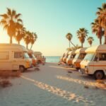 A range of campervans and motorhomes available for hire across Australia, parked in a rental yard with different layouts and sizes.