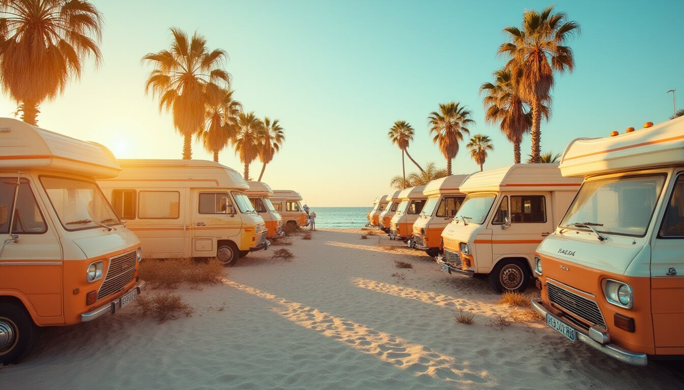 A range of campervans and motorhomes available for hire across Australia, parked in a rental yard with different layouts and sizes.