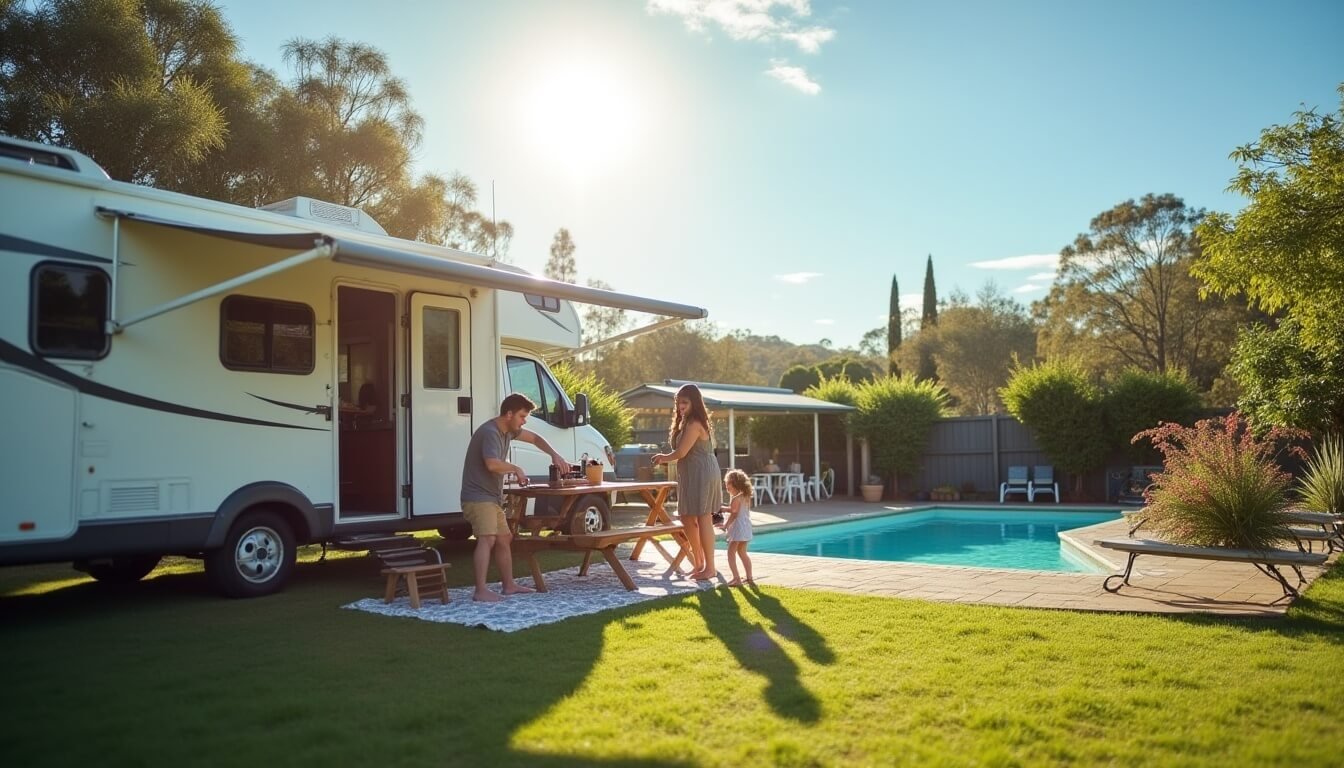 Feature views of RVs at a Big4 holiday park, a Discovery Park, and a local council site, showcasing campground options in Australia.