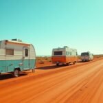 A lined-up view of a caravan, camper trailer, and motorhome on a rural roadside in Australia, showing key differences.
