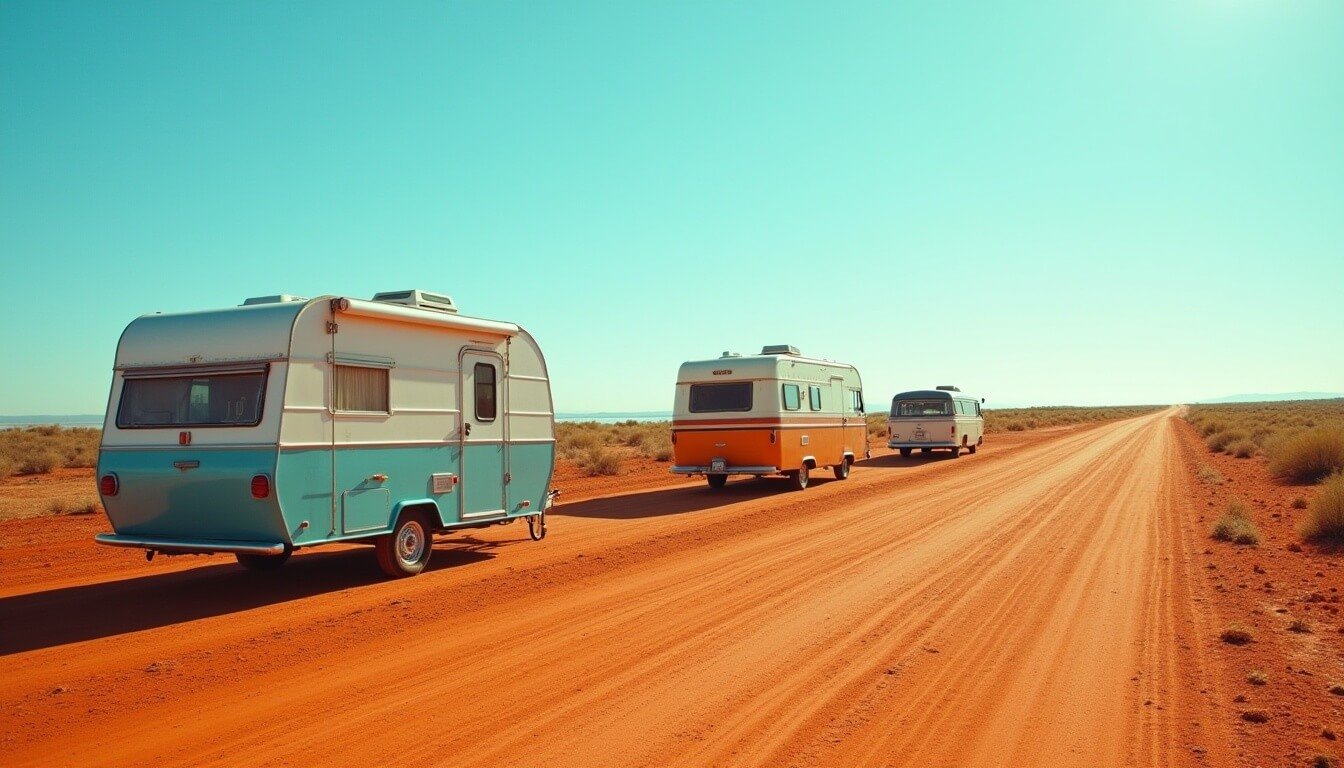 A lined-up view of a caravan, camper trailer, and motorhome on a rural roadside in Australia, showing key differences.