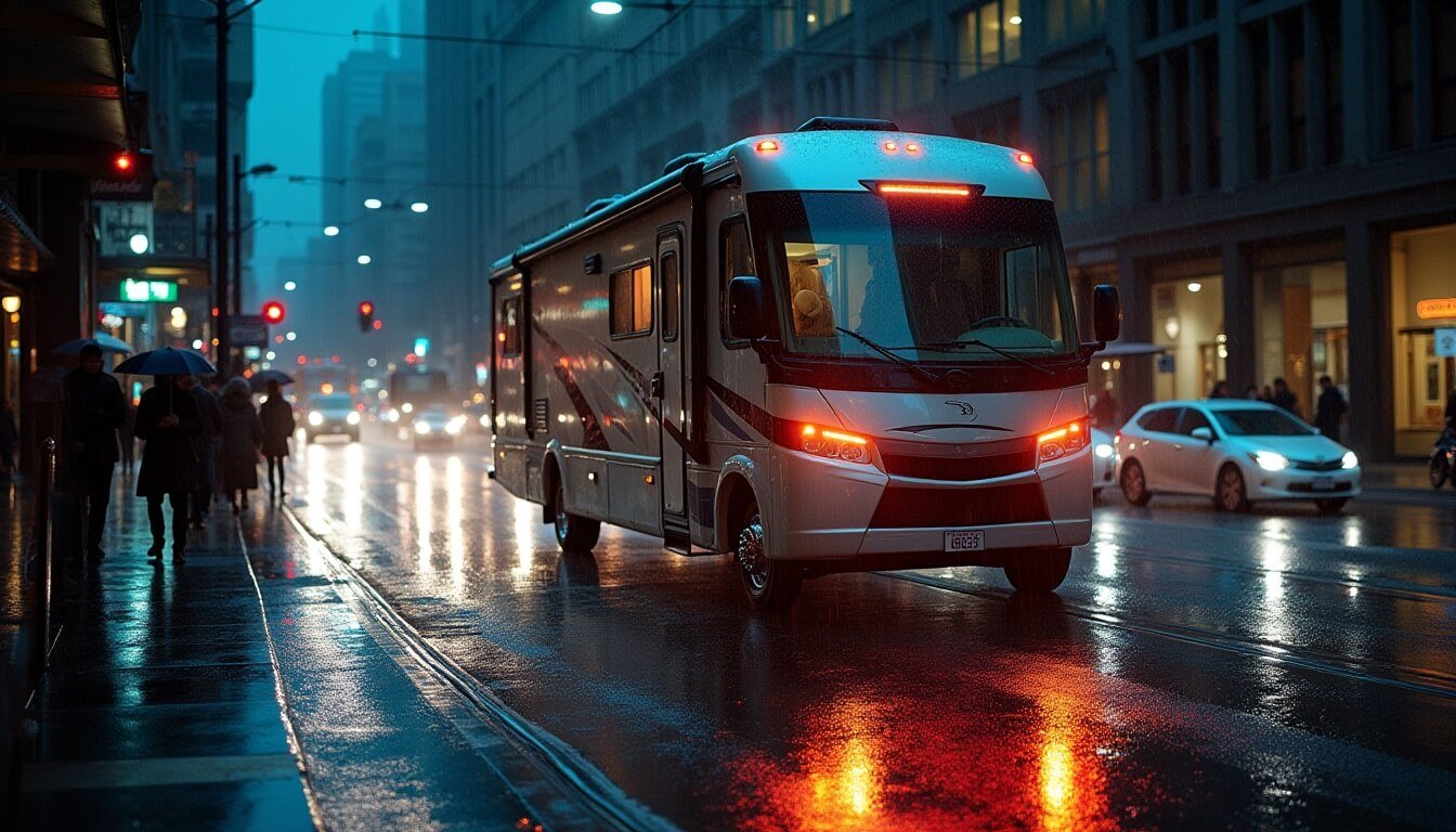 A modern RV on a city street beside another parked in the remote outback, highlighting urban versus rural travel in Australia.