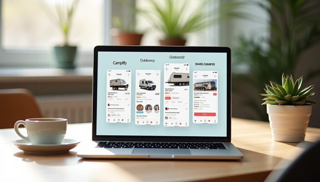 Mobile app screens and campervans on hire via Camplify, Outdoorsy, and SHAREaCAMPER, showcasing peer-to-peer RV rentals in Australia.