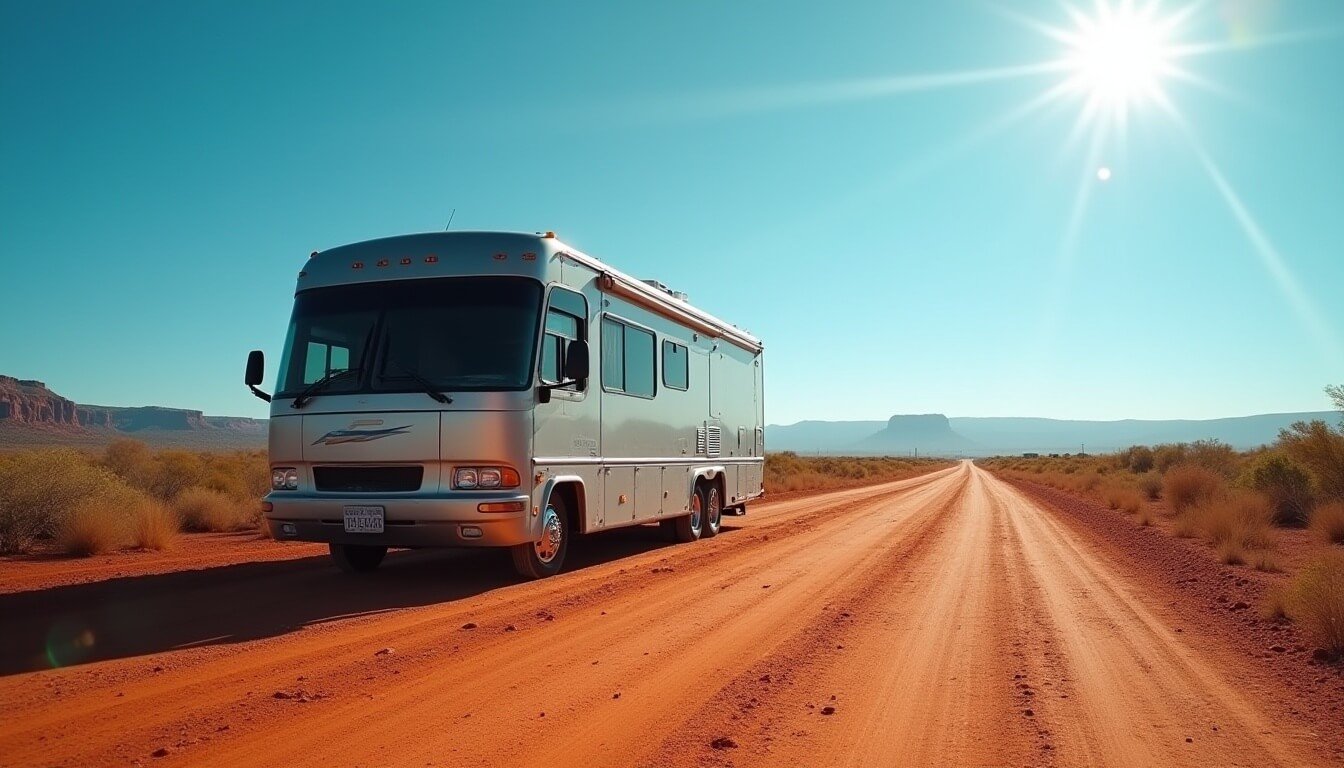 Two RVs at a fuel station with diesel and petrol pumps, illustrating the differences in fuel types for Australian road trips.