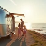 A beachside RV setup on the east coast and a rugged WA coastal scene on the west, highlighting scenic differences.