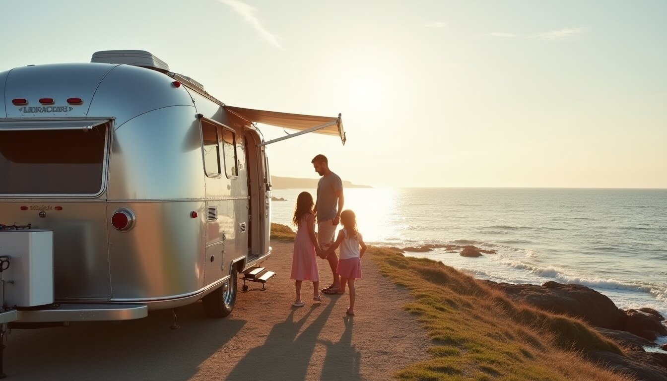 A beachside RV setup on the east coast and a rugged WA coastal scene on the west, highlighting scenic differences.