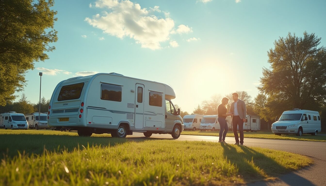 A rented RV with company branding next to a privately owned RV, highlighting the financial and lifestyle choice between hiring and buying.