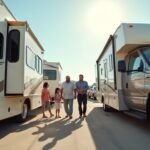 A row of brand-new caravans and motorhomes lined up at a professional RV dealership in Australia, ready for sale.