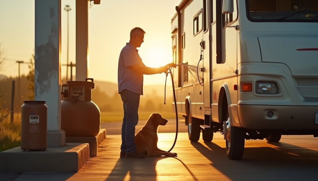 An RV parked beside an LPG refill station in Australia with gas bottles being topped up for cooking and heating on the road.