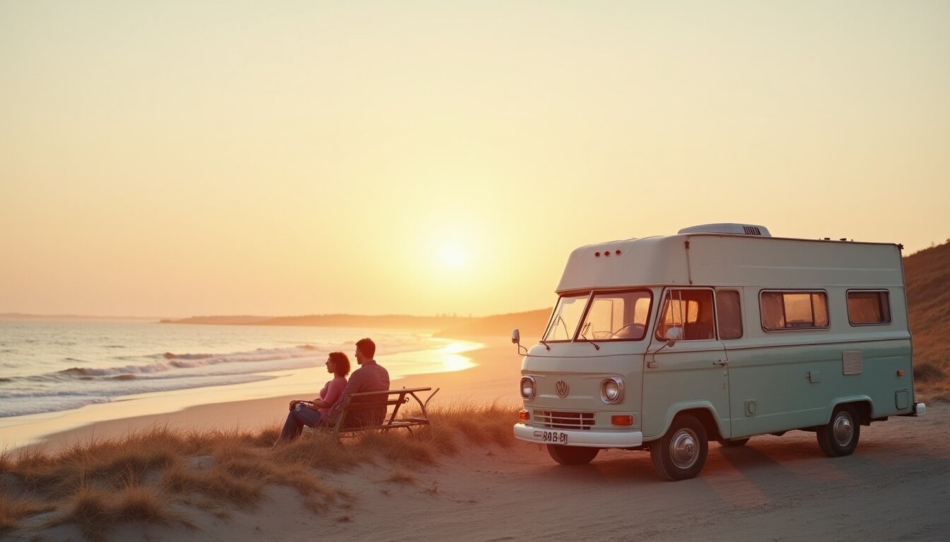 A motorhome parked at a scenic location with a shield icon overlay, representing comprehensive RV insurance coverage in Australia.