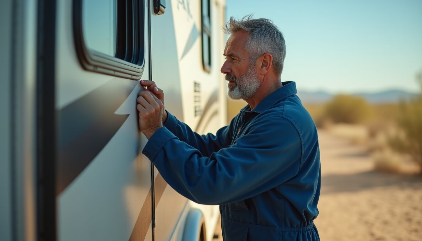 A mechanic working on a motorhome at a specialist RV repair shop in Australia, highlighting maintenance and restoration services.