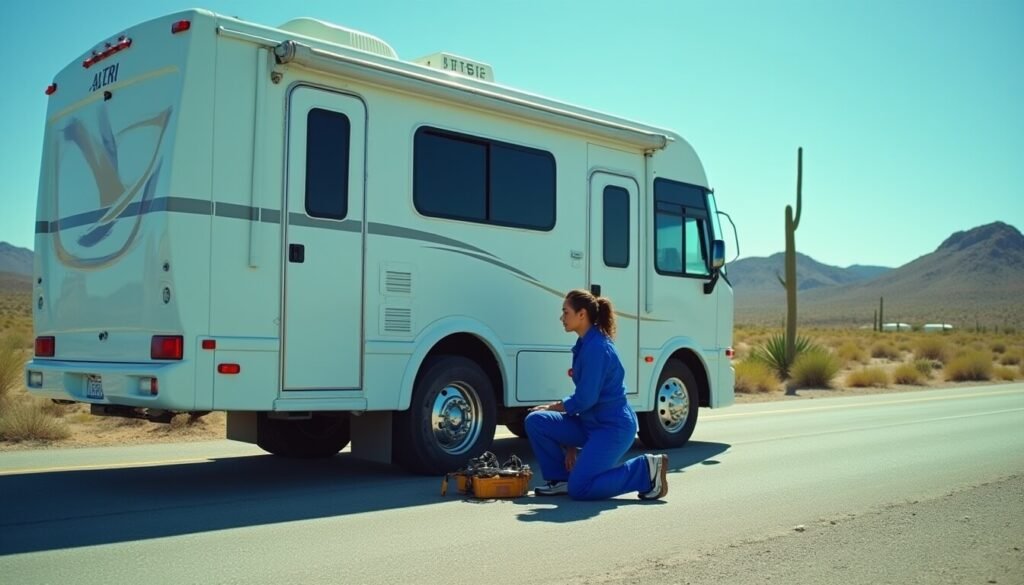 A roadside assistance technician helping an RV on a remote Australian highway, symbolising emergency support services.