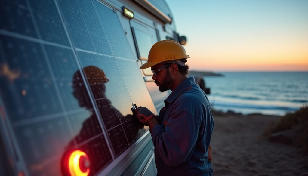 Rooftop solar panels and electrical systems installed on Australian motorhomes, showcasing off-grid power solutions for RV travellers.