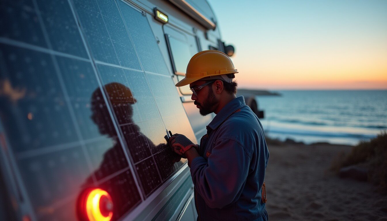 Rooftop solar panels and electrical systems installed on Australian motorhomes, showcasing off-grid power solutions for RV travellers.