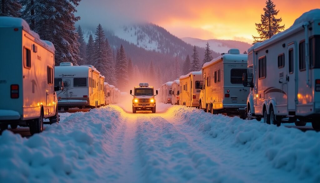 Secure outdoor and indoor RV storage facilities with caravans and campervans parked safely, showcasing long-term storage options.