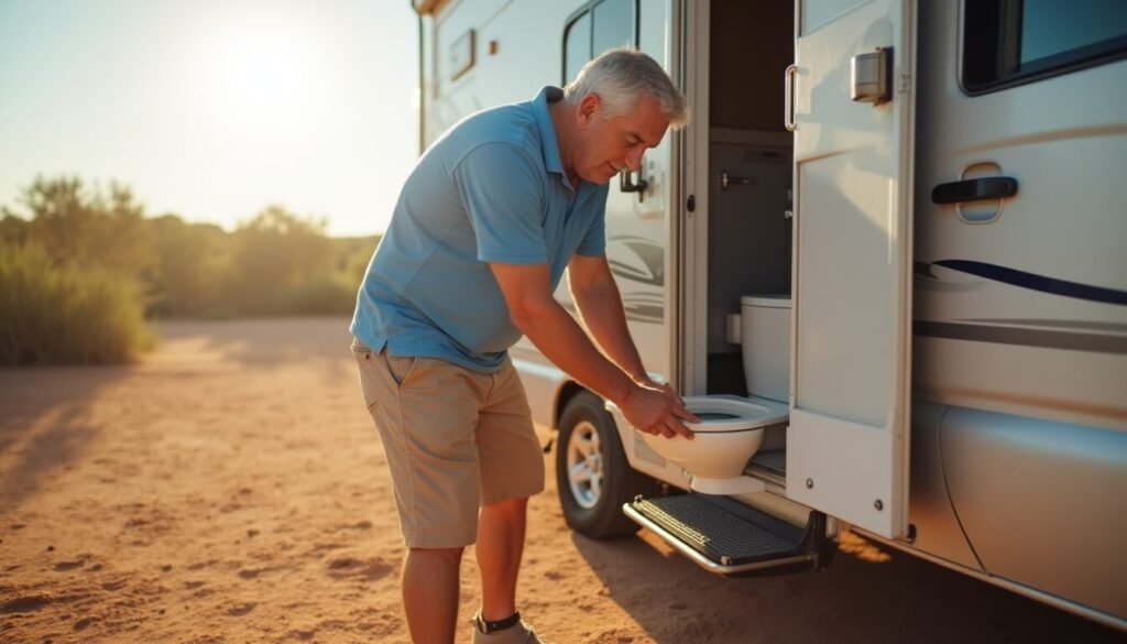 Close-up visuals of cassette, composting, and drop toilets used in Australian RVs, comparing eco-friendliness and convenience.