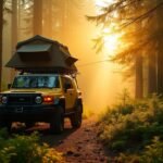 A fully equipped motorhome on a sealed road versus a rugged 4WD setup at a remote bush campsite, comparing travel experiences.