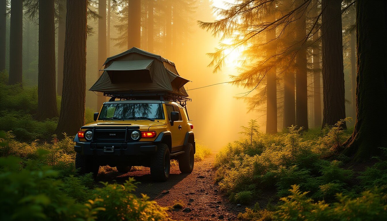 A fully equipped motorhome on a sealed road versus a rugged 4WD setup at a remote bush campsite, comparing travel experiences.