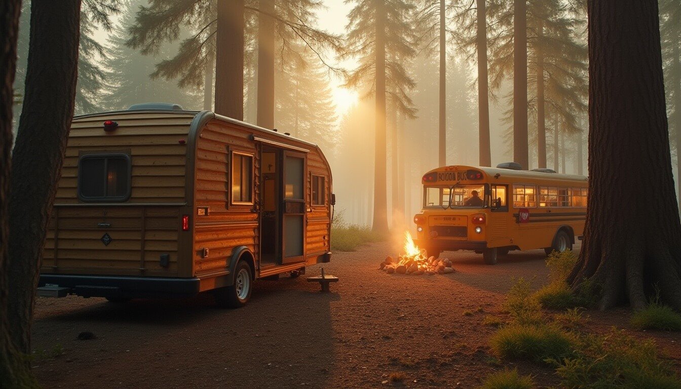 A self-contained RV with water tanks and toilet contrasted with a basic van parked at a public facility, showing travel independence.