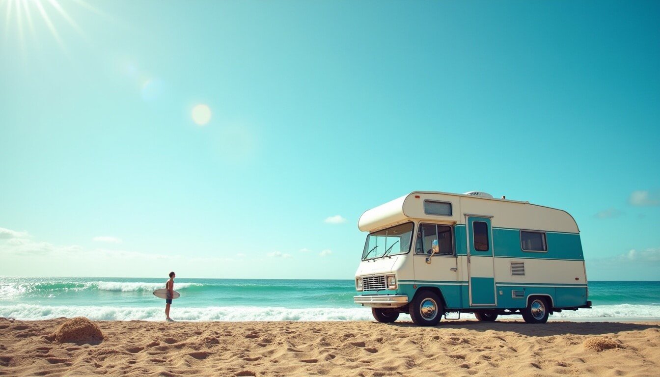 A compact campervan beside a large motorhome in the Australian outback, visually comparing RV size and travel comfort.