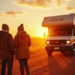 An RV in snow-covered alpine regions next to one on a sunny beach, representing seasonal contrasts in Australian RV travel.
